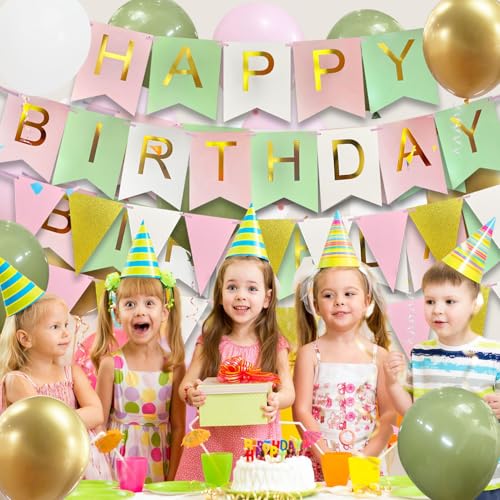 Happy Birthday Banner and Balloon Set - White Pink Green, 16 Balloons & Ribbons