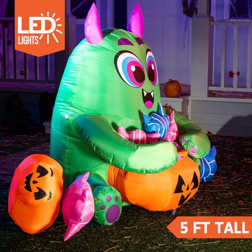 Halloween Inflatable Monster with Candies - 5 Ft Outdoor Yard Decor with Built-in LEDs