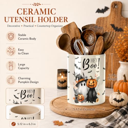 Halloween Cute Ghost Kitchen Utensil Holder - Large Ceramic Countertop Organizer