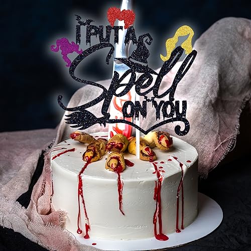 Halloween Witch Spell Cake Topper - Black Glitter Party Decor, 6x8.7 Inches