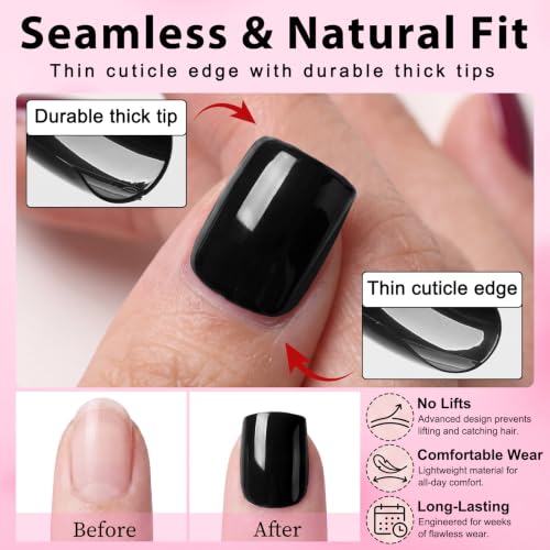 LuckForever Extra Short Black Square Press On Nails - Fake Nails Glue Ons