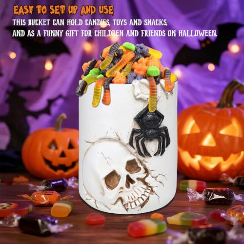 Halloween Large White Witch Cauldron Bucket 11.72" Candy Pot with Skull & Spider Design