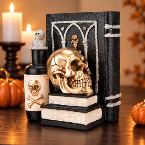 Gothic Halloween Skull Figurine with Spellbook & Potion Bottle Indoor Decor