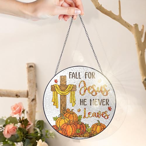 Amber Faith Autumn Stained Glass Window Hanging - 8in Christian Sun Catcher