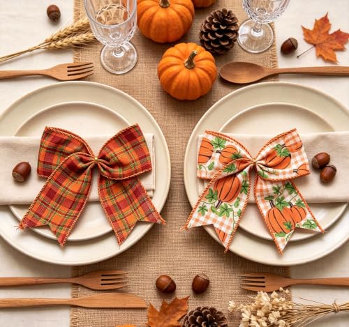 Fall Pumpkin & Buffalo Plaid Wreath Bows Set of 10 - Autumn Decor