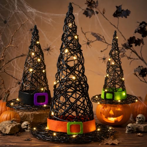 Lighted Halloween Rattan Witch Hat Table Decor Set with Belt - 3 Sizes