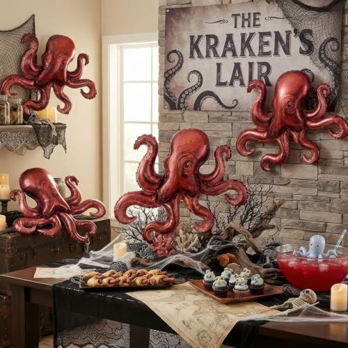 4Pcs Octopus Foil Balloons for Pirate Ocean & Halloween Party Decor