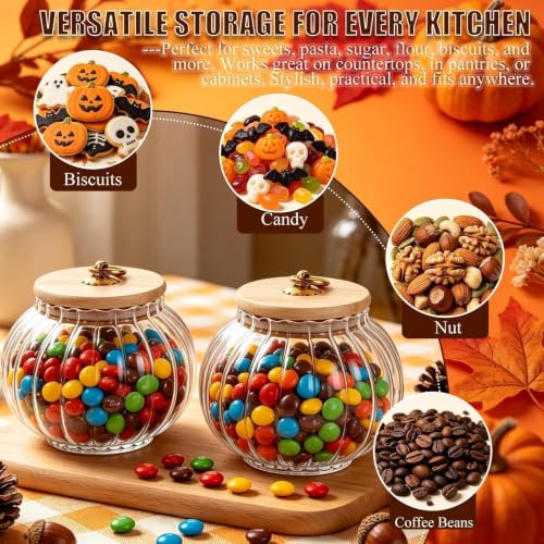 Halloween Pumpkin Jar with Lid - Airtight Glass Candy Canister for Party Decor