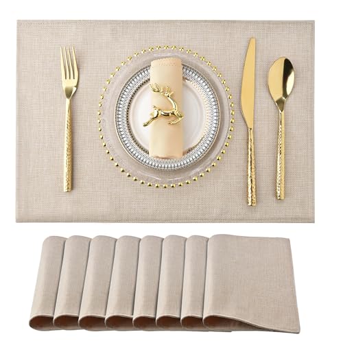 Faux Linen Placemats Set of 8 - Light Linen, Heat Resistant & Washable Farmhouse Table Decor