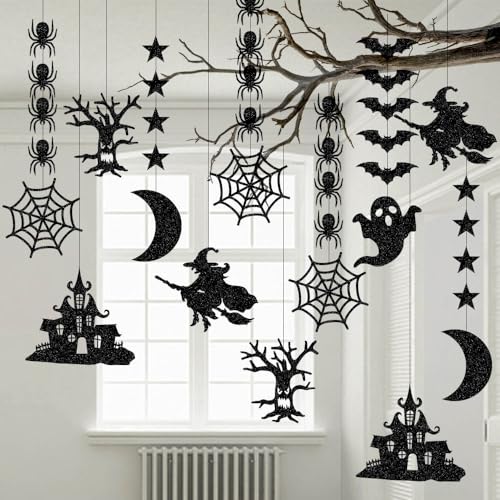 Halloween Hanging Garland Set - Bat Witch Spider Glitter Paper Decorations
