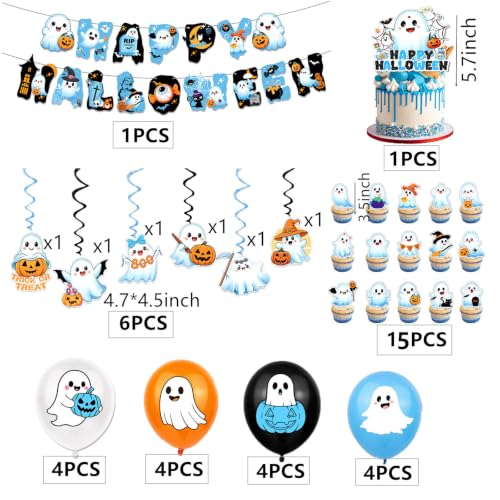 Halloween Ghost Party Decorations Set | 51-Piece Ghosts, Banner, Balloons & Cake Toppers