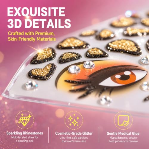 Animal-Themed Glitter Face Stickers - Reusable Gold Sparkling Face Tattoos for Halloween & Parties - 6 Pack Variation: Glitter, Sparkling