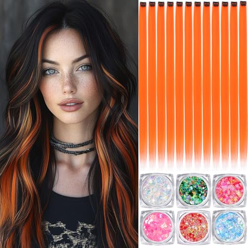 Colored Hair Extensions 22 Inch Straight Clip-In Body Face Hair Glitter Rainbow Orange Variation