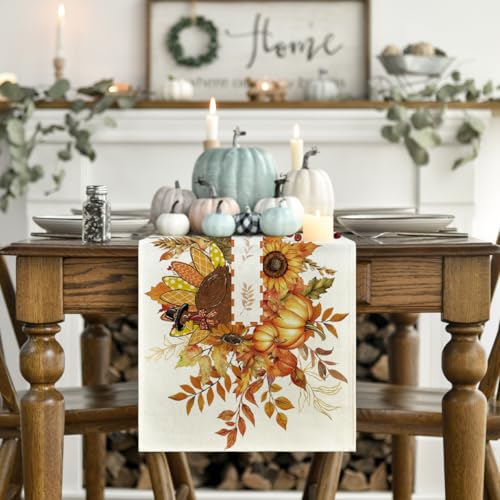Sunflower Turkey Leaves Thanksgiving Table Runner 13x108 Inch - Beige Fall Decor