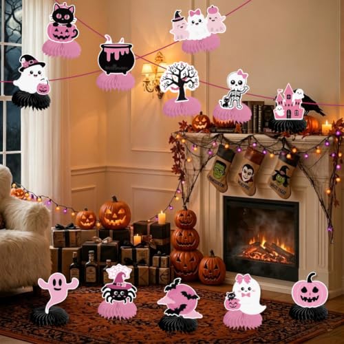 Halloween Honeycomb Table Centerpieces Set - Black Pink Pumpkin Ghost Spider Bat Pattern - PRESSINART, 12 Pcs
