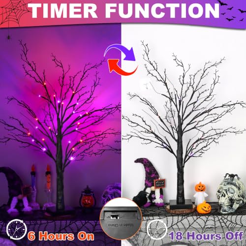 Halloween Spooky Black Tabletop Tree Set - 24 Inch LED Indoor Decor with Timer & USB/Battery - Style 2