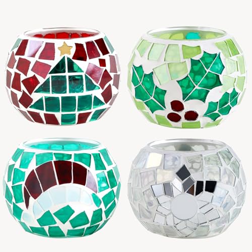 Christmas Mosaic Glass Tealight Candle Holders - Set of 4, Red & Green Holiday Decor
