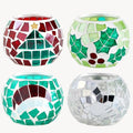 Christmas Mosaic Glass Tealight Candle Holders - Set of 4, Red & Green Holiday Decor