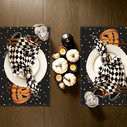 Black Halloween Table Placemats Set of 4 12x18 Inches Pumpkin Cat Ghost Decor