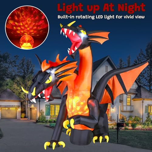 Giant Halloween Inflatable Double Headed Dragon - 9.5 FT Outdoor Yard Decoration with LED Lights