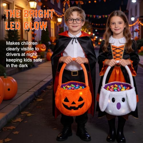 Black Halloween Light Up Trick or Treat Basket - LED Glowing Plush Cat Candy Bucket