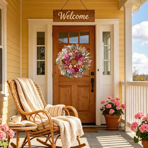 24-Inch Fall Floral Front Door Wreath with Burgundy Roses & Pumpkins - Farmhouse Harvest Decor