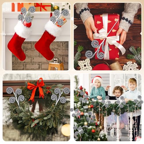 Christmas Tree Decorations Woolen Candy Picks with Bells - Black and White Stripes, 6 Pack