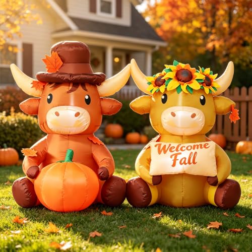 Fall Inflatable Highland Cow Couple with Pumpkin & Welcome Sign - 6 FT Outdoor Decor - Variation: Highland Cow