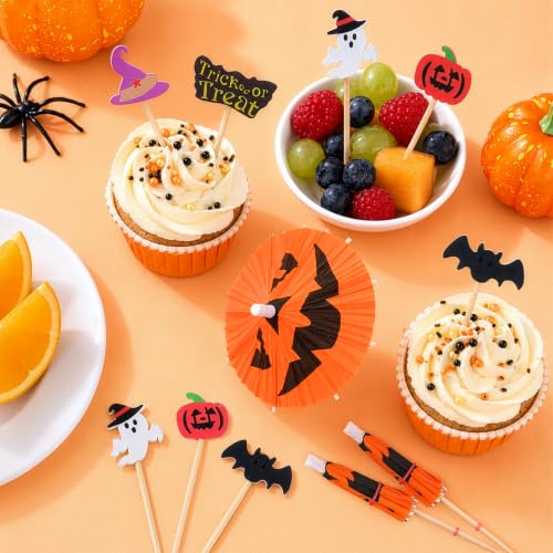 Summer Halloween Party Decorations Set with 100 Drink Umbrellas & 100 Cocktail Picks - 5 Designs for Cocktails, Cupcakes & Snacks
