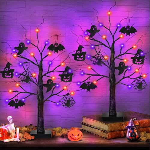 Indoor Halloween 2 Pack Black Tree with Orange & Purple LED Lights - Spooky Home Decor