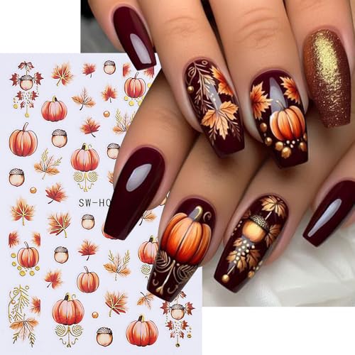 Fall Pumpkin & Maple Leaf Nail Stickers - Style7 Halloween DIY Manicure