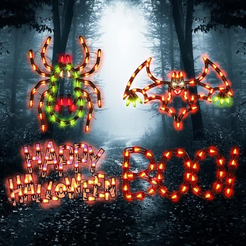 Halloween Window Silhouette Decorations Lighted Spider Bat Happy Halloween - 4-Pack - Variation of Spider Bat Happy Halloween BOO