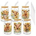Highland Cow Glass Cups with Lids & Straws - Sunflower Farmhouse 16oz 6-Pack