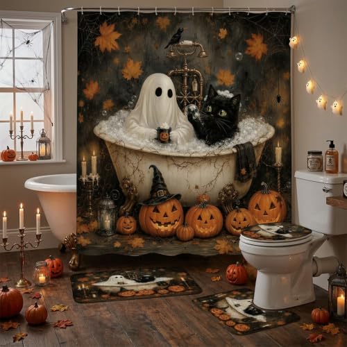 Funny Halloween Bathroom Shower Curtain and Rug Set - Ghost & Cat Scene, 4PCS - InIsaJace