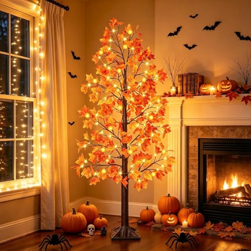 6 Ft Prelit Fall Maple Tree with 135 LED Lights, Timer & Remote Control - Indoor Outdoor Decor