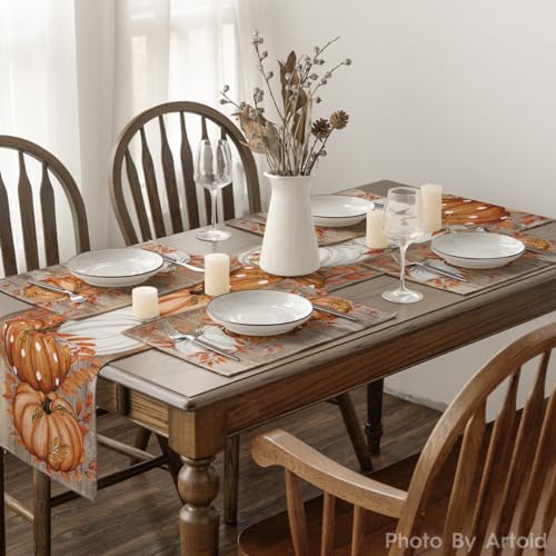 Rectangular Fall Leaves & Pumpkins Placemats Set of 4 - 12x18 Inch, Wood Style
