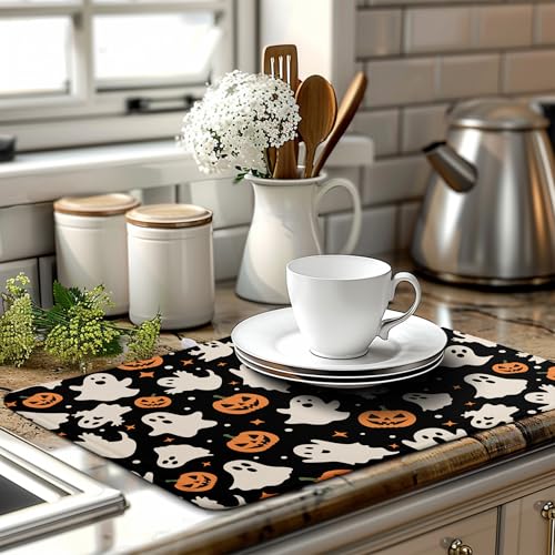 Halloween Dish Drying Mat Ghost Pumpkin 18x24 Inch Absorbent Microfiber Reversible