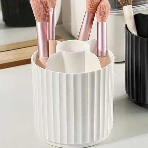 Ariettie Makeup Brush Holder Organizer with Lid, 360 Degree Rotatable Makeup Brush Organizer Spinning Cosmetics Holders Brush Storage Box Display for Bathroom Vanity Countertop, White