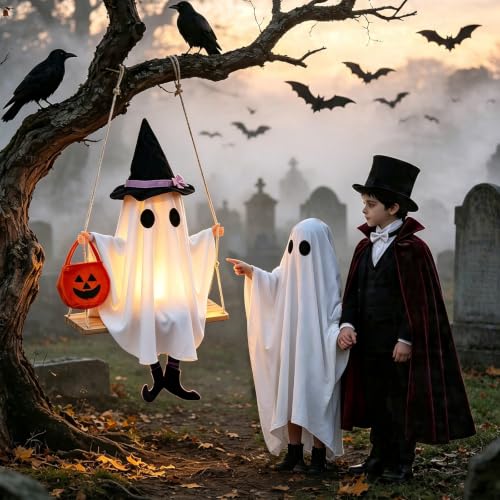White Swinging Ghost Halloween Decor with LED Lights - Outdoor & Indoor