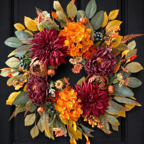 24-Inch Fall Wreath for Front Door - Autumn Decorations, Realistic Artificial Flowers