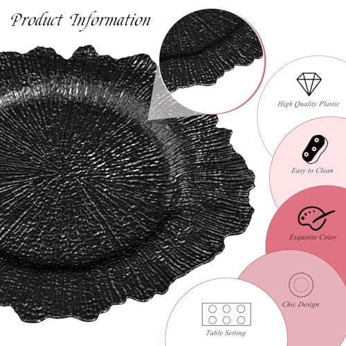 50 Pack Black 13-Inch Reef Charger Plates - Elegant Disposable Tableware