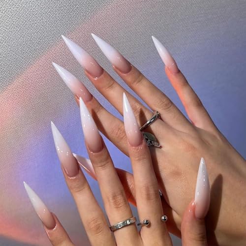 Long Stiletto Press-On Nails Set - White Gradient Acrylic False Nails with Design, 24 pcs, Variation 72FN0001