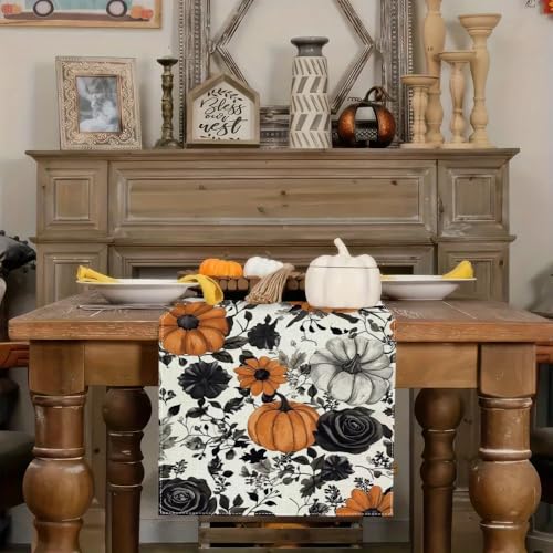 Halloween Black Rose Pumpkin Table Runner 13x72 Inch Linen Decor - Style 01