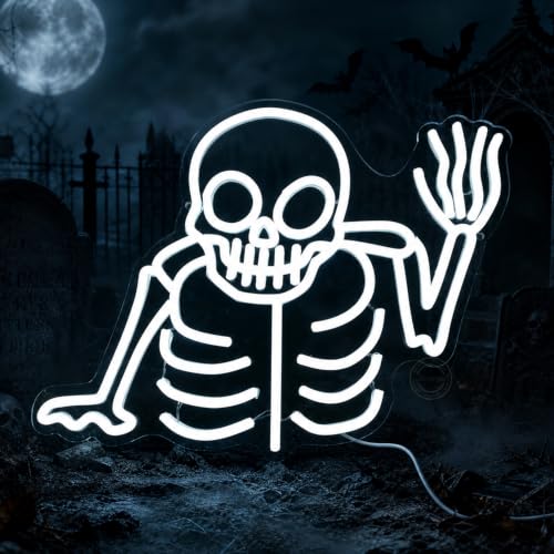 Skull Neon Sign Halloween Decoration LED Skeleton Wall Light - Cold White