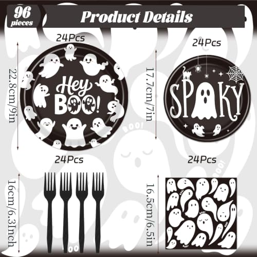 Halloween Ghost Party Decorations - 96 Pcs Black Spooky Tableware Set - Variation of Black Spooky