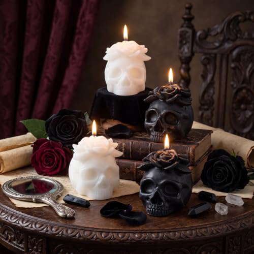 Gothic Skull Candle Set - Black and White Medium Candles with Flower Variation of THIS listing