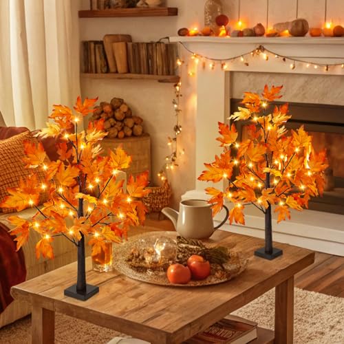 1 Pack 2FT Lighted Maple Tree for Fall Home Decor - Artificial Indoor Tree with LED Lights