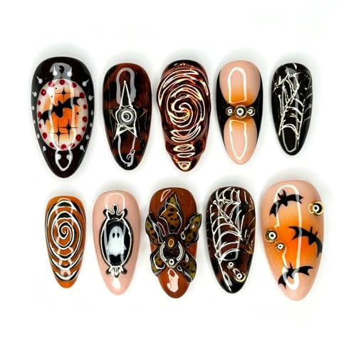 Halloween Press On Nails Set - Medium Almond Fake Nails with Ghost Spider Web Bat Design, 30Pcs - Variation Halloween-28