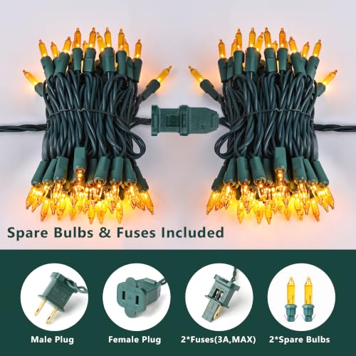Gold Incandescent Christmas String Lights - 100 Count Outdoor Holiday Decor - Green Wire Variation