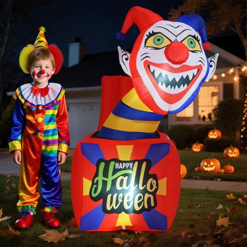 Halloween Inflatable Clown with LED Lights - 5 Ft Blow Up Yard Decoration with Ground Stakes, Indoor & Outdoor Use - Variation: Clown Box